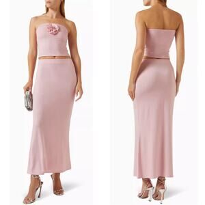 Reformation Adalynn Strapless Floral Rosette Two Piece Knit Pink Maxi Set Sz XL